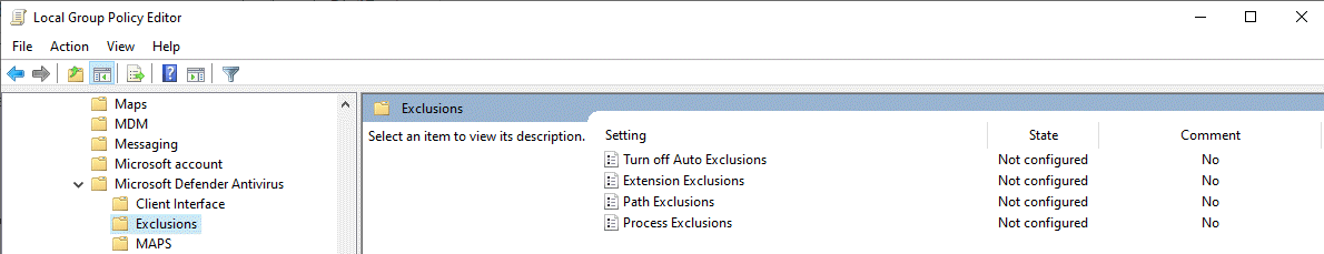 Exlusion settings in Windows Defender