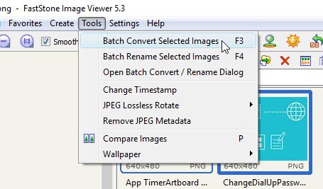 FastStone Tools menu with Batch Convert Selected Images option highlighted