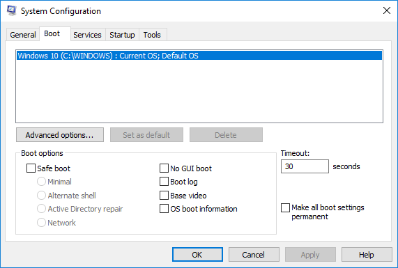 System Configuration Window with boot tab selected