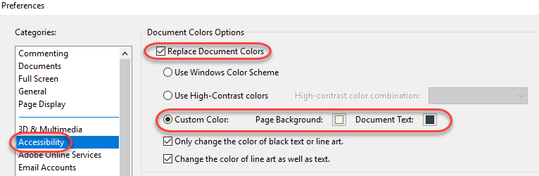 Adobe Reader accessibility options screen