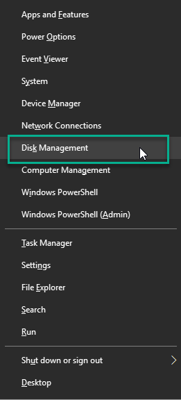 Quick Access menu with Disk management entry highlighted