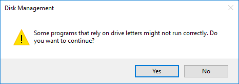 Warning message about changing drive letter