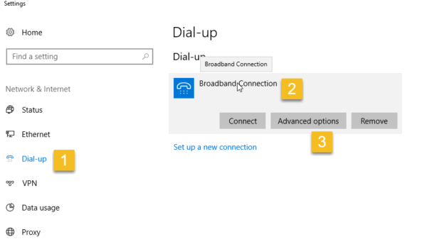 Windows 10 Settings App Dial-Up page