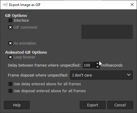 Export image dialog box in Gimp