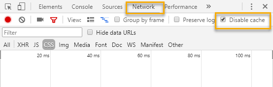 Chrome developer tools Network panel with Disable cache option enabled