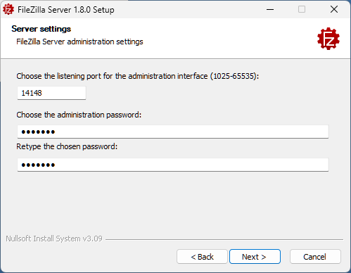 Screen for setting Filezilla administrator password