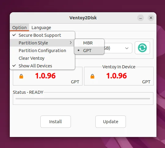 Ventoy2Disk menu which allows you to choose the parition style