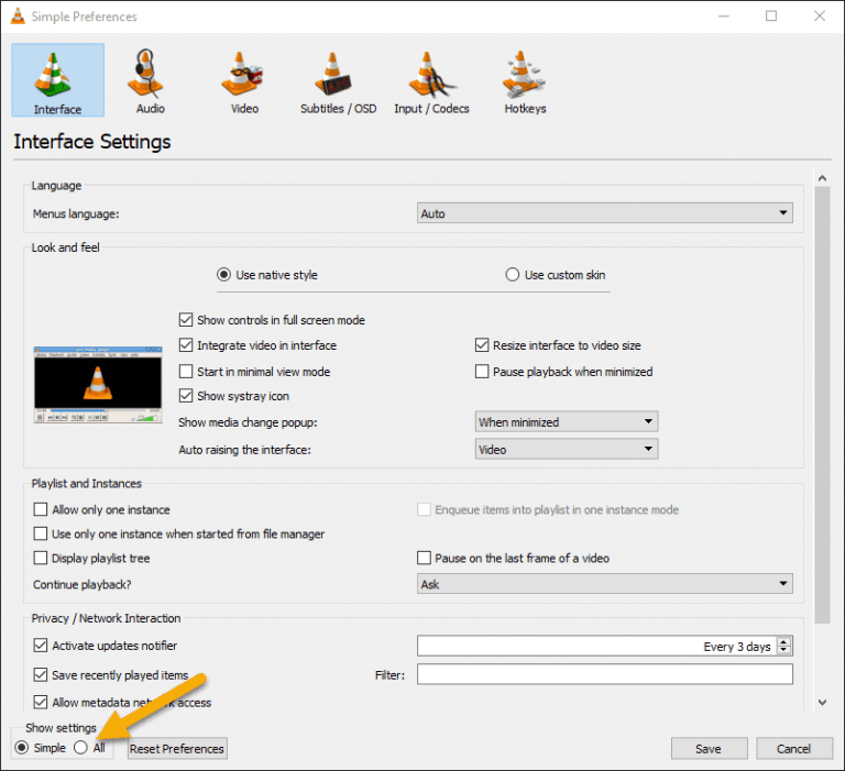Simple Preferences Window with show all settings option highlighted