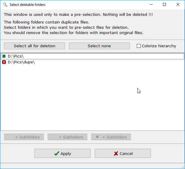 Select deletable folders window