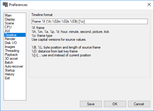 VirtualDub Preferences with timeline option selected