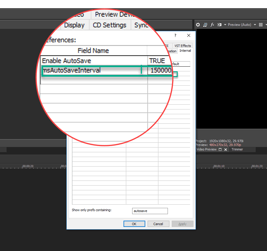 Changing Vegas Pro auto-save interval