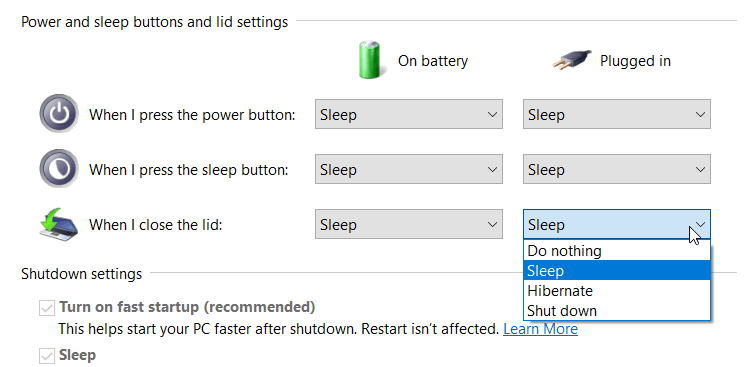 Power Settings relating to the laptop lid