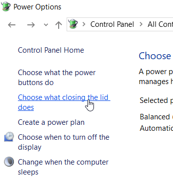 Power Options window with Focus on the lid closing option
