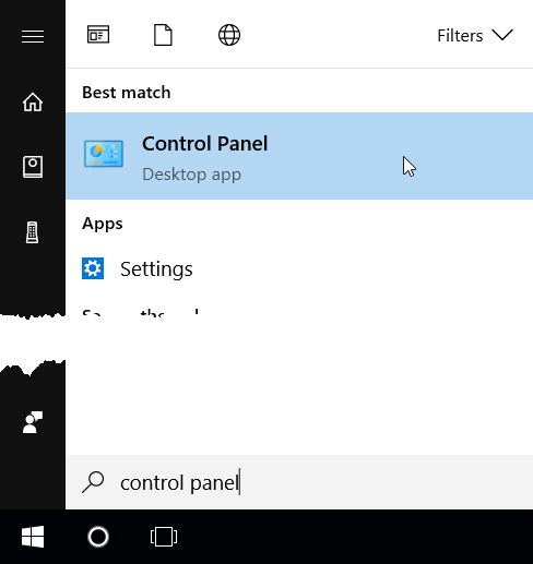 Searching for Control Panel from start menu