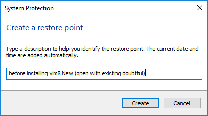 Create Restore Point window