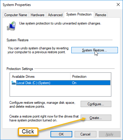 System Properties window with System Protection tab activated and Create button highlighted