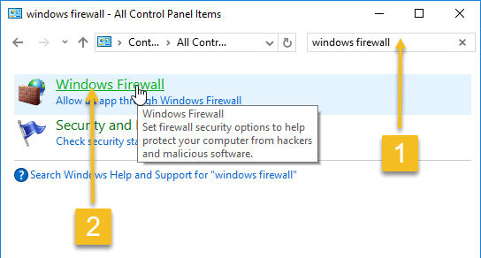 Searching for Windows Firewall in the control panel