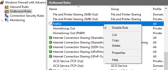 Outbound rules list, with context menu visible