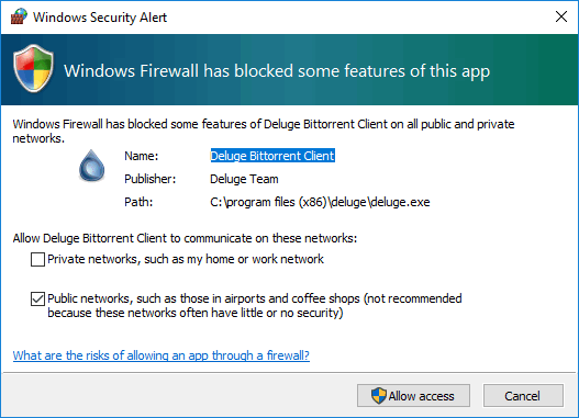Windows firewall's security alert about an incoming connection