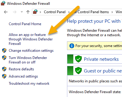 Basic settings window of Windows Firewall