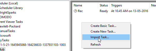 import XML markup of task into Task Scheduler via right click menu