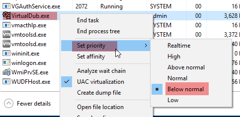Priority of a scheduled process as shown in Task Manager