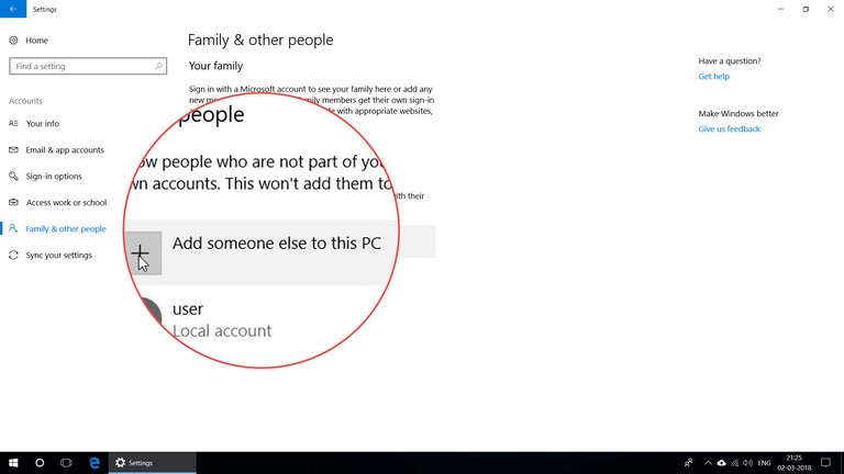 Family & other people window of the Settings App with Add someone else to this PC highlighted