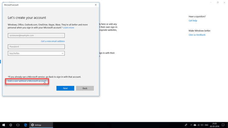 Window for creating a new Microsoft account; this window also gives you the option to go to a different window for adding a local account. This option is highlighted