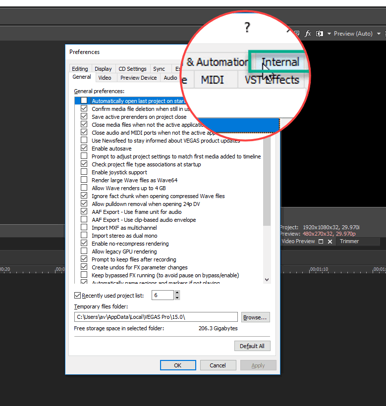 Vegas Pro preferences window with internal tab highlighted