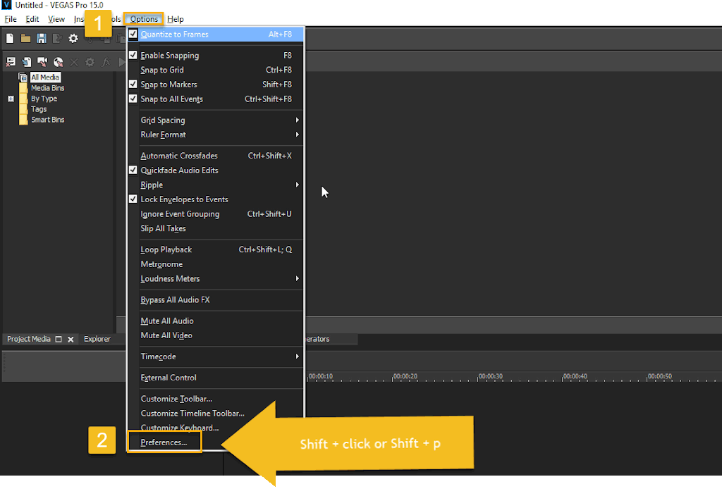 Vegas Pro Options menu with preferences highlighted