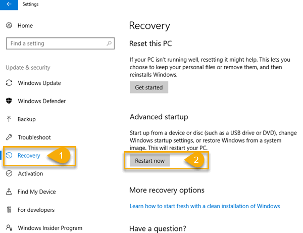 Settings App with recovery section active