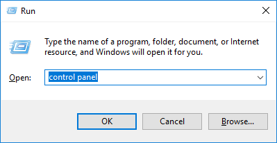 Run dialog box with "control panel " entered in