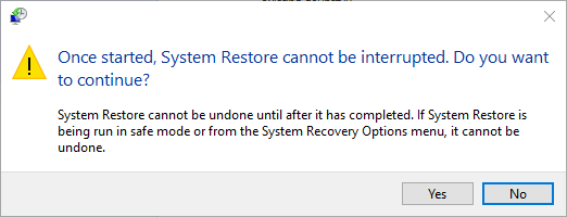 Final warning before starting system restore