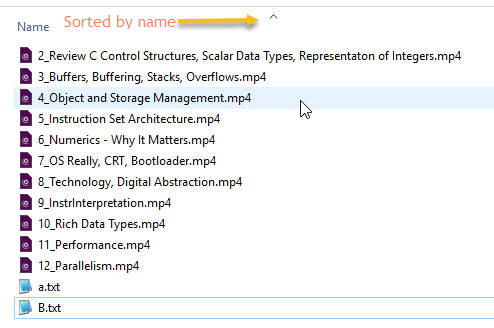 Files sorted by name in Windows Explorer