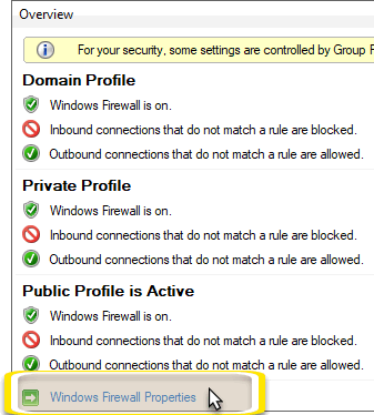 Windows Firewall advanced options with firewall properties highlighted