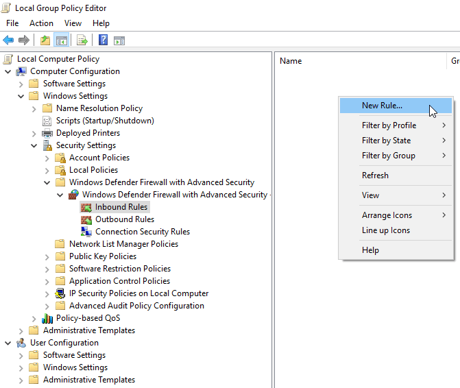 Adding new firewall rule using the Group Policy Editor