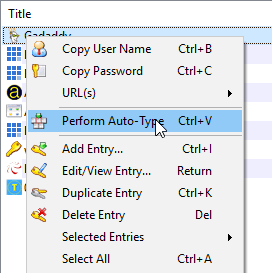 KeyPass Entry Menu with perform autotype option selected