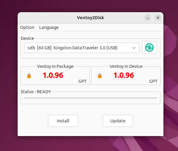The user interface of Ventoy2Disk; the drive selection dropdown is visible