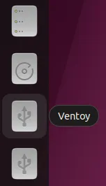 A screenshot of Ubuntu desktop; two USB drive partitions beloning to the same drive are shown. One of them is labelled Ventoy